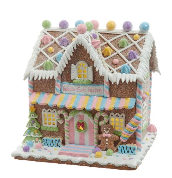 8.07&quot; Battery Operated LED Lighted Gingerbread Bubblegum Factory