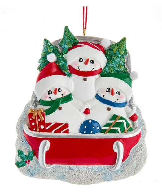 Snowman Family Of 3 On Sled Ornament For Personalization