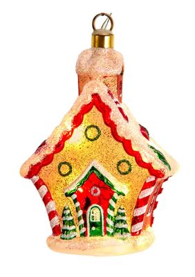 Glass USB Warm White LED Gingerbread House Ornament