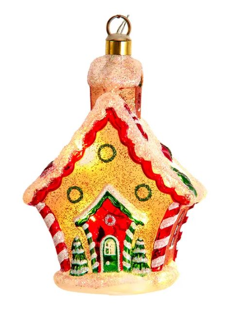 Glass USB Warm White LED Gingerbread House Ornament