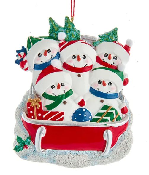 Snowman Family Of 5 On Sled Ornament For Personalization