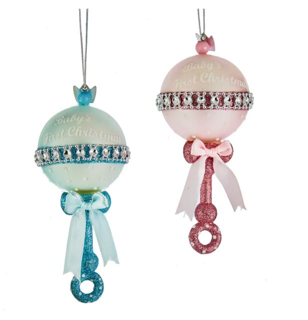 Noble Gems™ Pink and Blue Baby Rattle Glass Ornament, EACH
