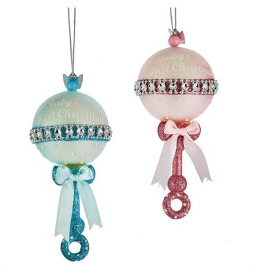 Noble Gems™ Pink and Blue Baby Rattle Glass Ornament, EACH
