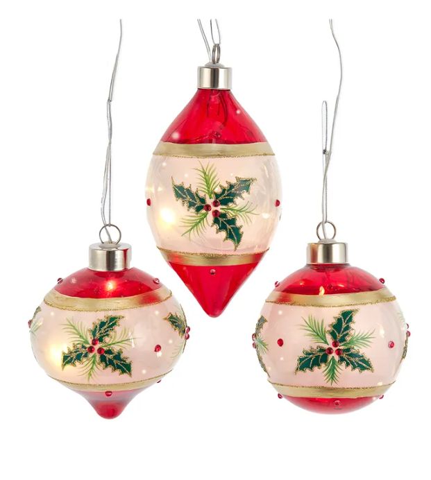 90MM Glass USB Warm White LED Fairy Light Holly Leaves Bal, Onion &amp; Finial Ornament,  EACH