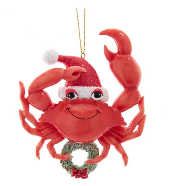 Whimsical Red Sea Crab Holding Wreath Ornament