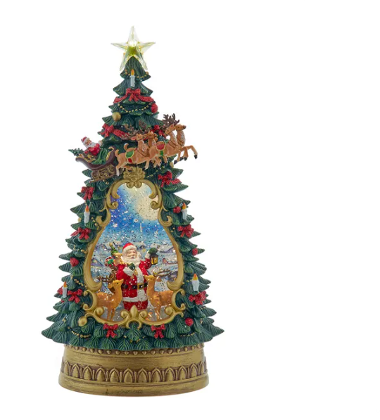 13.5&quot; Battery Operated USB LED Lighted Santa &amp; Deer Treetop With Spinning Glitter Water