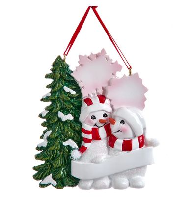 Snowman Family With Snowy Christmas Tree & Snowflakes Ornament For Personalization