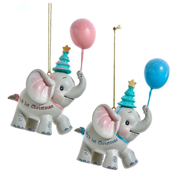 "Baby's 1st Christmas" Elephant With Balloon Ornaments For Personalization, 2 Assorted