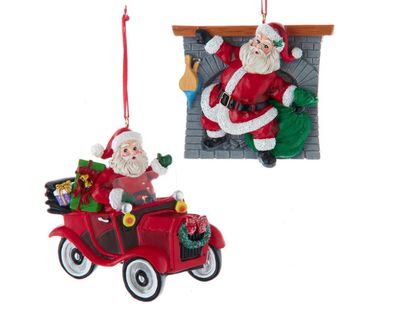 Santa In Car & Fireplace Ornaments, EACH