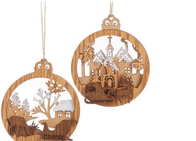 Wooden Round Reindeer & House Ornaments, EACH