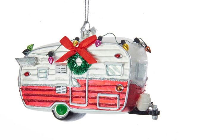 Red and White Camping Car Glass Ornament