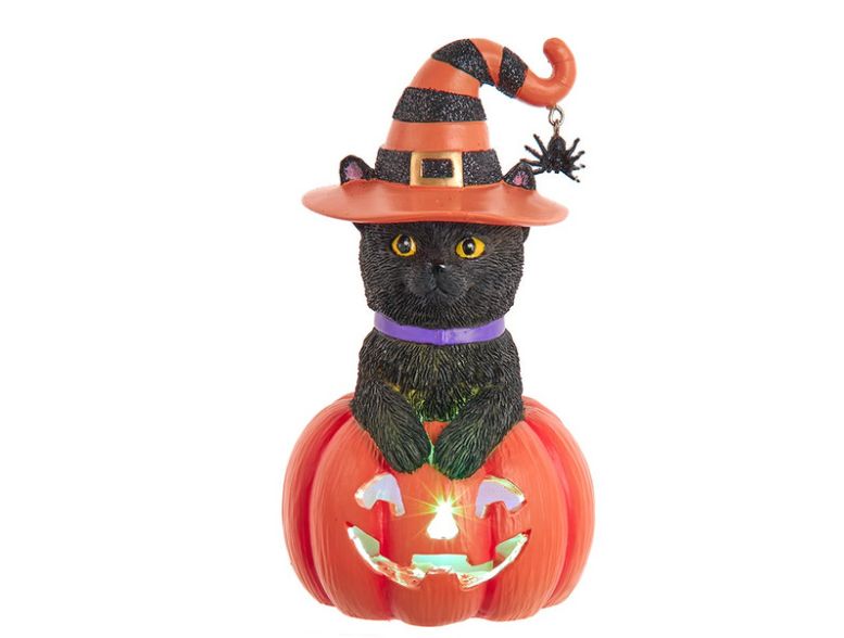 Battery Operated Black Cat On Pumpkin Table Piece