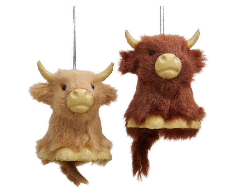 Furry Brown &amp; Tan Highland Cow Ornaments, EACH