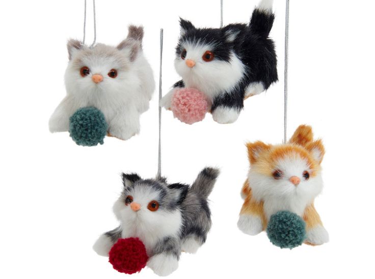 Furry Cats With Yarn Balls Ornaments, EACH