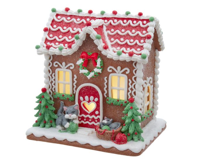 8" Battery Operated LED Gingerbread House With Cat