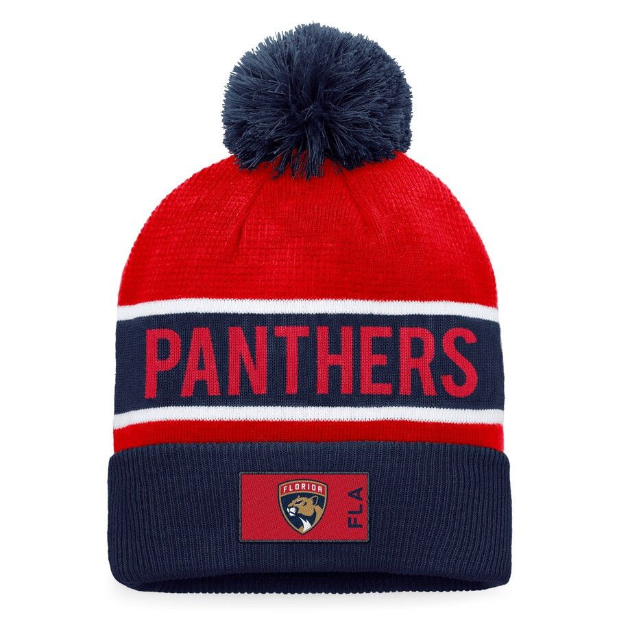 FLORIDA PANTHERS NHL CUFF KNIT WITH POM RINK AUTHENTIC PRO NAVY BLUE-RED