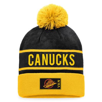 VANCOUVER CANUCKS NHL CUFF KNIT HAT WITH POM AUTHENTIC PRO BLACK-YELLOW