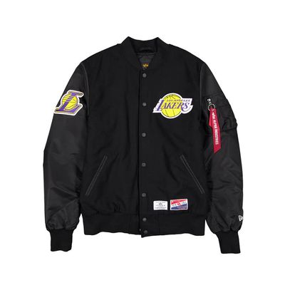 LOS ANGELES LAKERS NBA JACKET NEW ERA X  ALPHA INDUSTRIES VARSITY WOOL