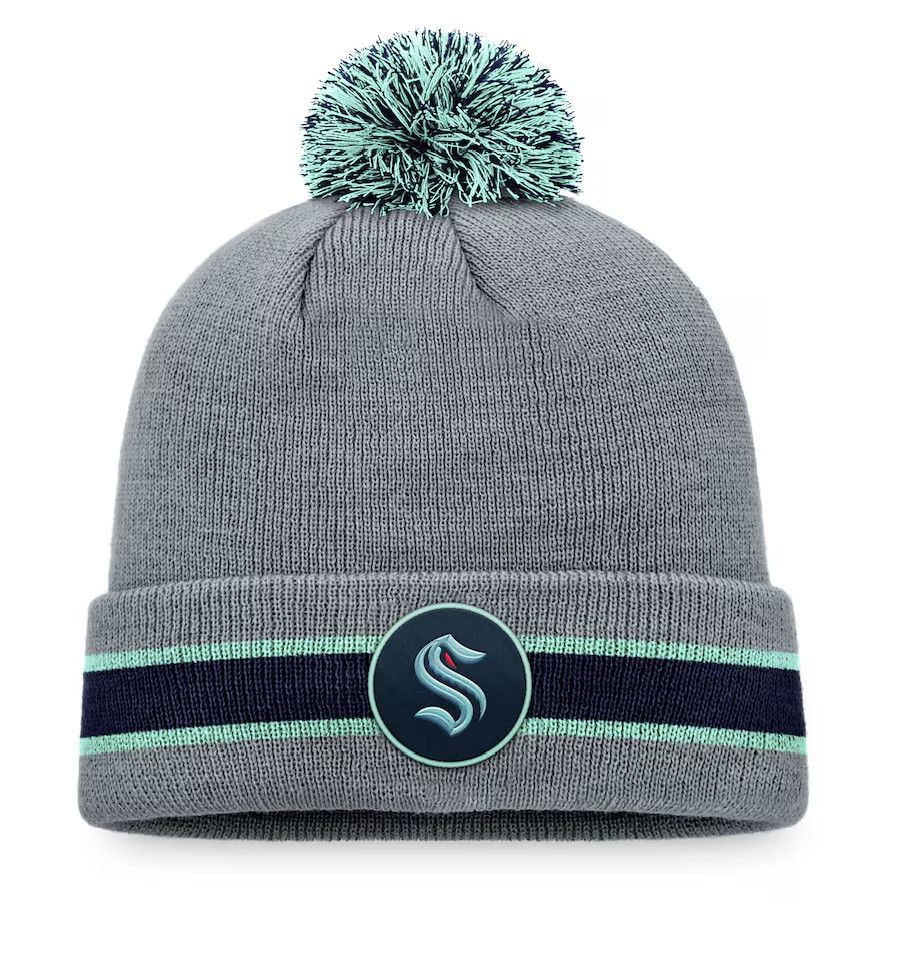 SEATTLE KRAKEN NHL CUFF KNIT HAT WITH POM HEATHER GREY 