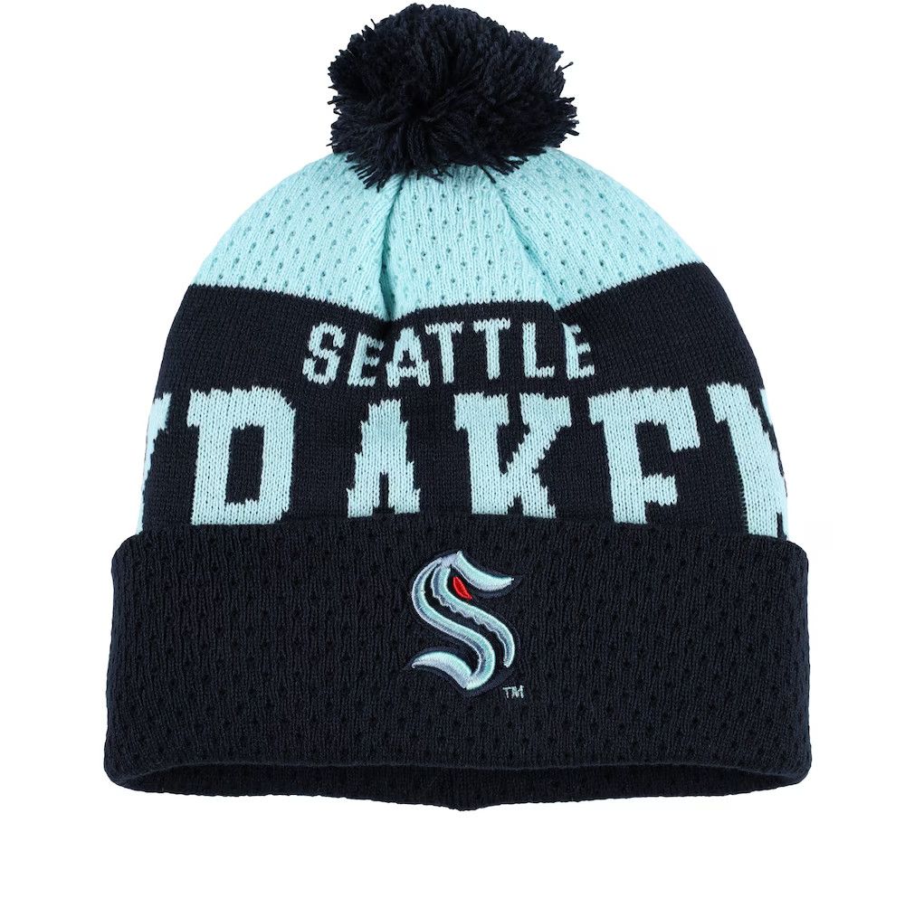 SEATTLE KRAKEN NHL CUFF KNIT HAT WITH POM STRETSHARK DEEP SEA YOUTH