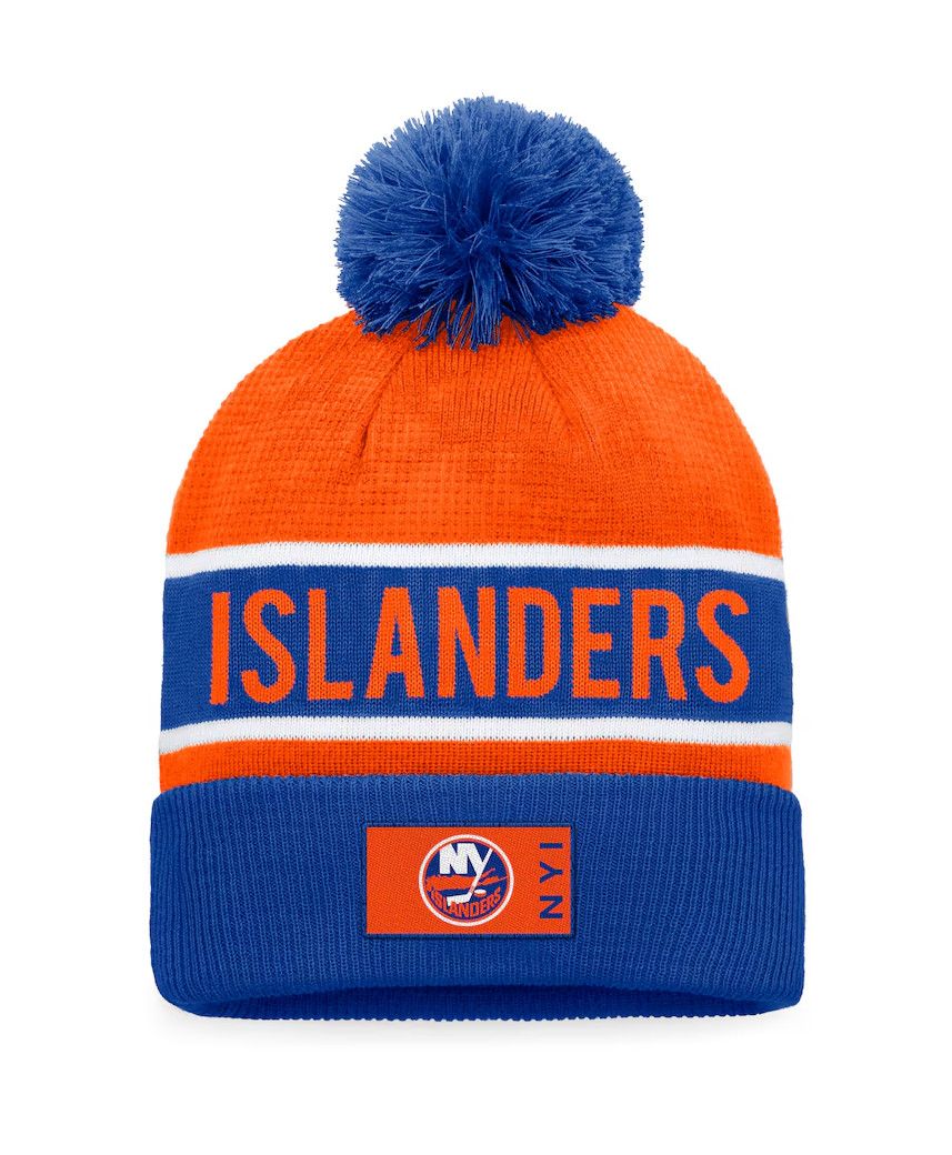 NEW YORK ISLANDERS NHL CUFF KNIT HAT WITH POM RINK AUTHENTIC PRO ROYAL BLUE-ORANGE