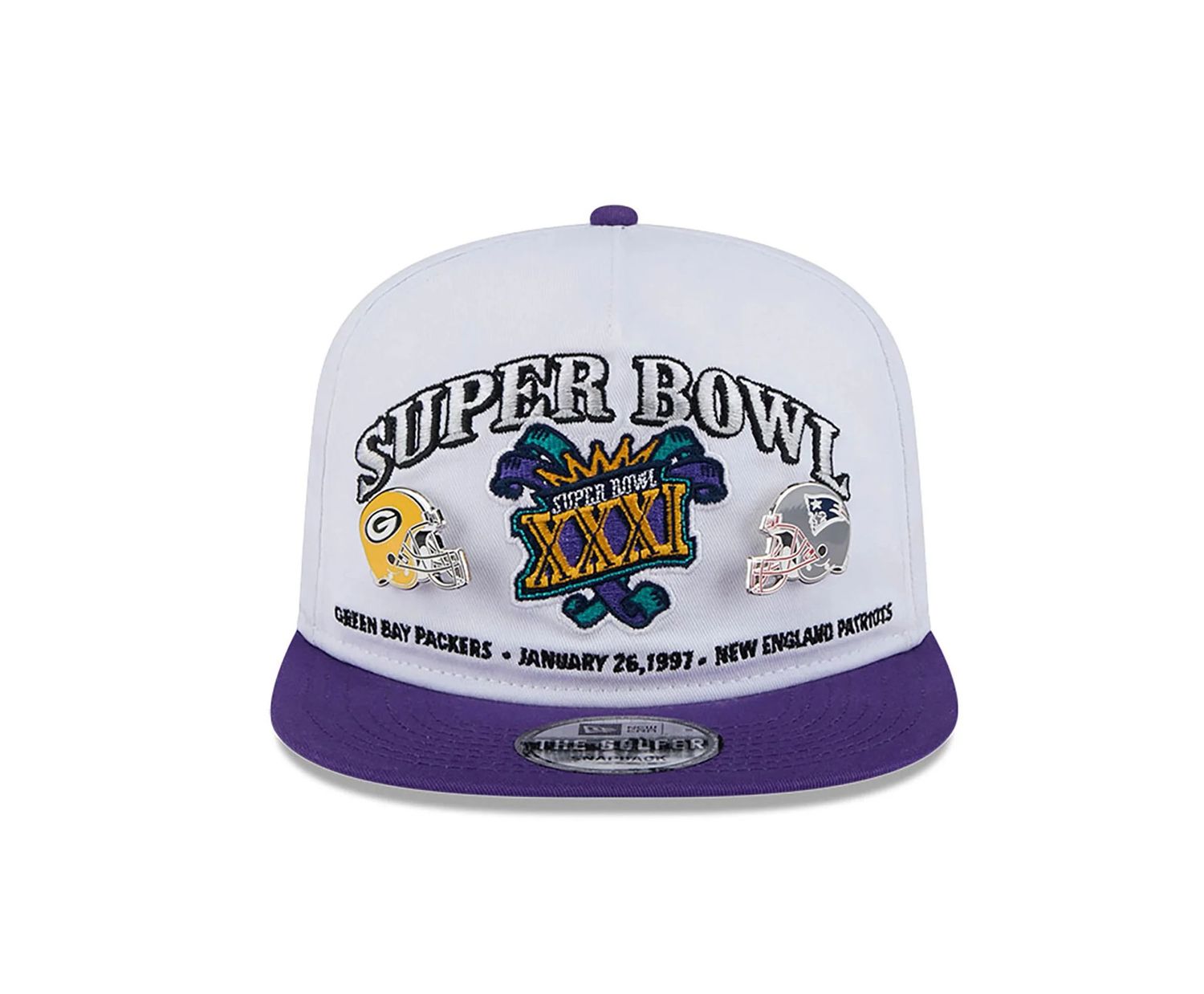 GREENBAY PACKERS VS NEW ENGLAND PATRIOTS MLB CAP GOLFER SNAPBACK CHAMPIONSHIP 1997 PIN WHITE