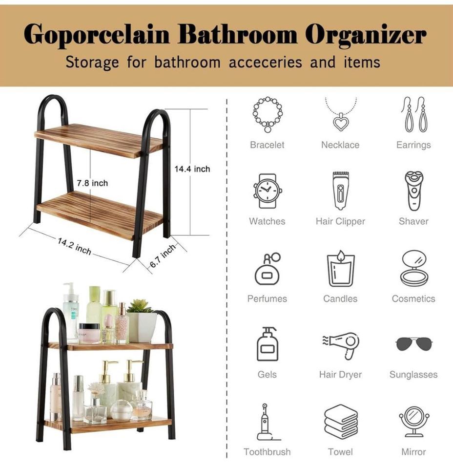 Bathroom Organizer, 2 Tier Wood Shelf, Countertop Organizer.