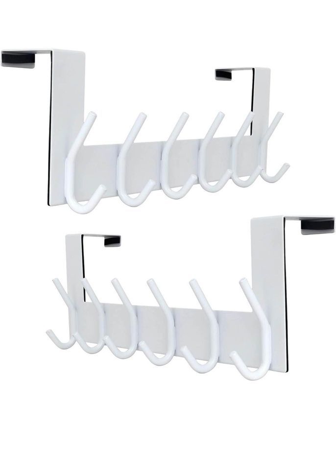 Dseap Over The Door Hook Hanger - 6 Hooks Over Door Coat Rack for Clothes Hat Towel, White, 2 Packs