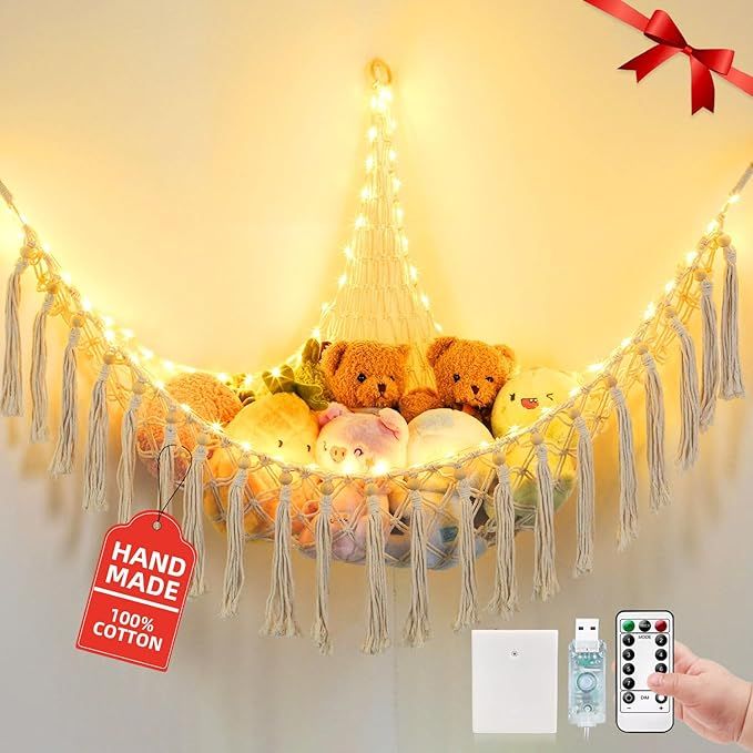 Stuffed Animal Hammock with 75LEDs, Extra Large 55in Toy Storage Macrame Hammock