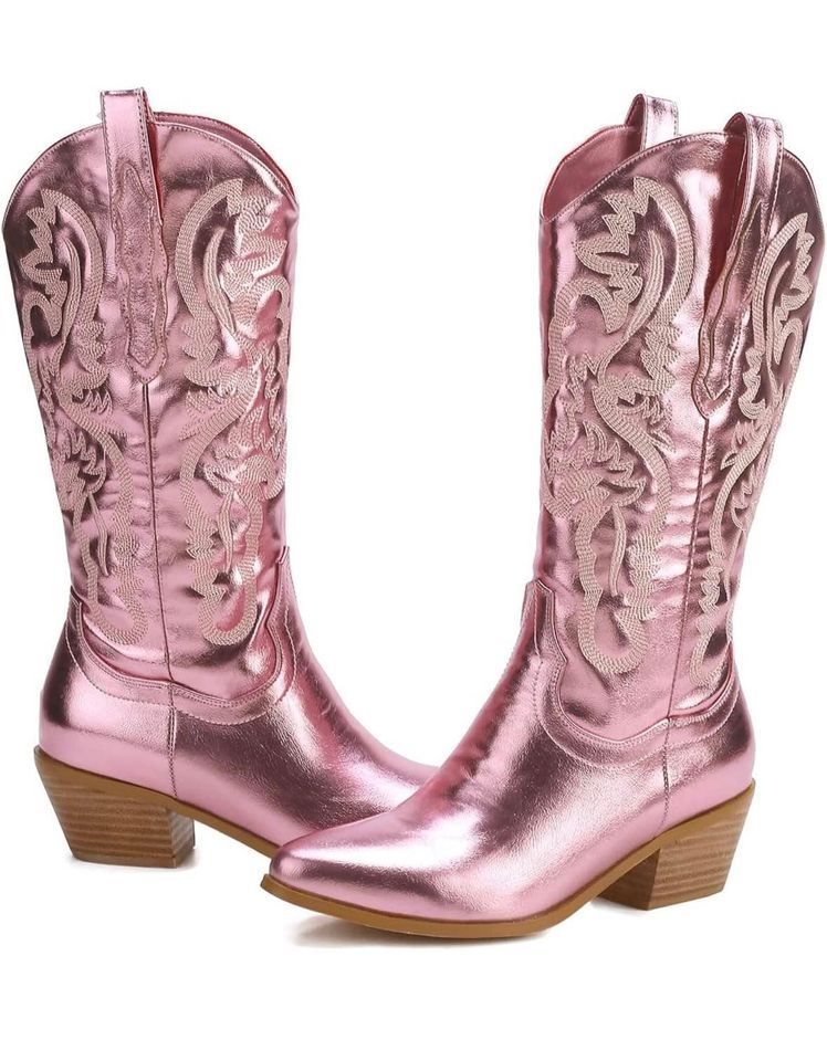 women&#39;s pink embroidered mid-calf boots