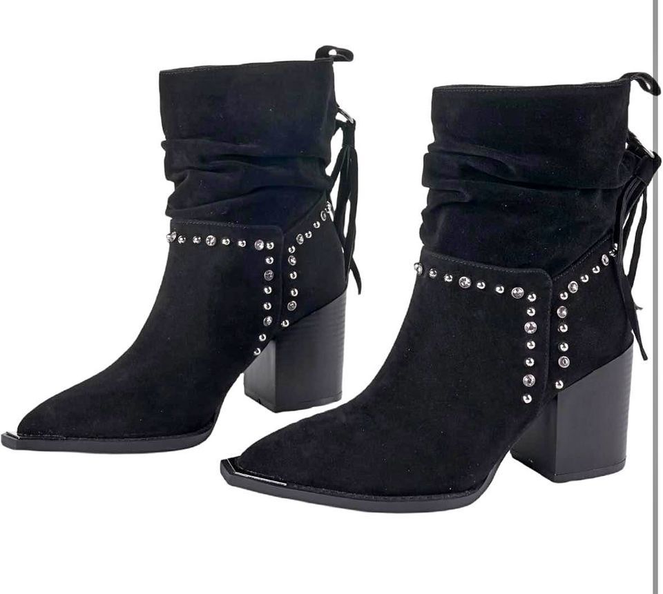 LALA IKAI Women&#39;s Fringe Ankle Boots Chunky Block Heel Studded Suede Booties Shoes With Rhinestones