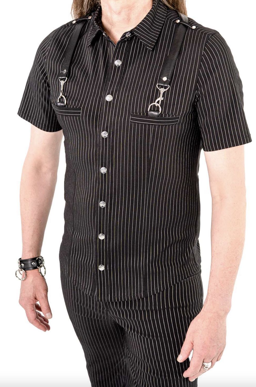 Pinstriped Short Sleeve Gangsta Pranksta Shirt [LS-174-G] [PINSTRIPED]