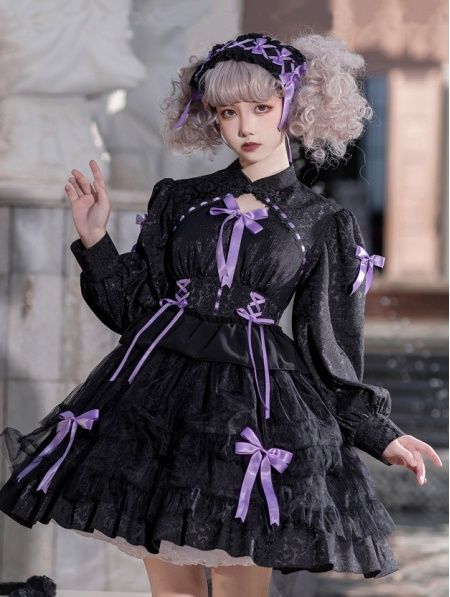 Robe OP Purple Bow Long-Sleeved Tiered Sweet [EYM-0039]