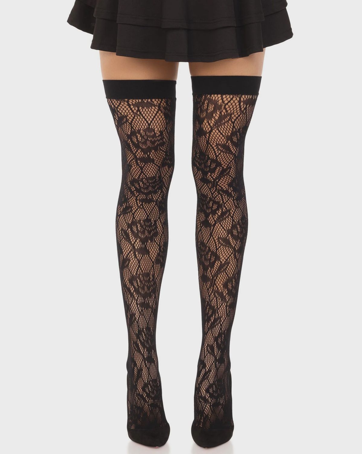 Bas Thigh Hi Fishnet Rose Sauvages Noir / LA6216
