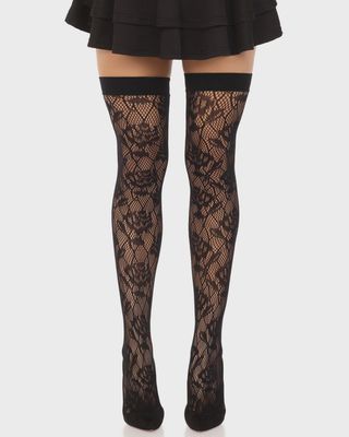 Bas Thigh Hi Fishnet Rose Sauvages Noir / LA6216