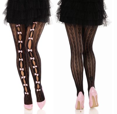 Bas Collants Sweetheart Striped Net Tights w/ Keyhole &amp; Mini Bow Detail / LA9733BK