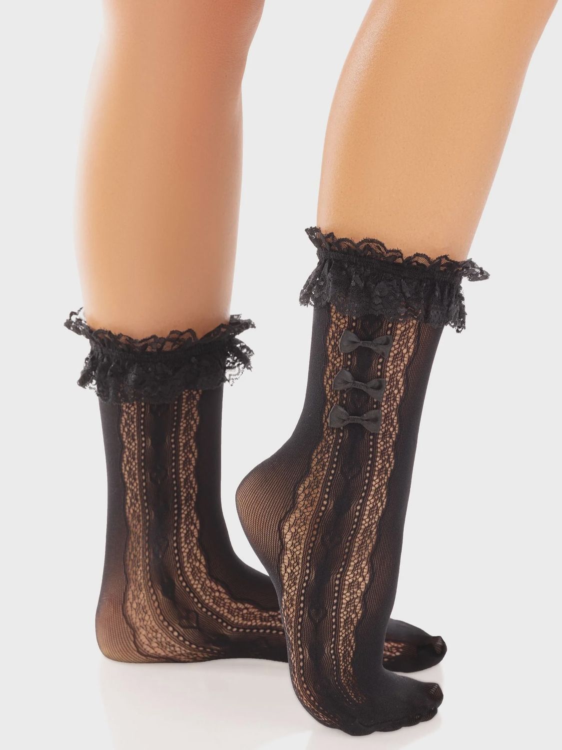 Black Nylon Stockings with Ruffles and Lace, Mini Bow and Hearts / LA3983BK