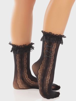 Black Nylon Stockings with Ruffles and Lace, Mini Bow and Hearts / LA3983BK
