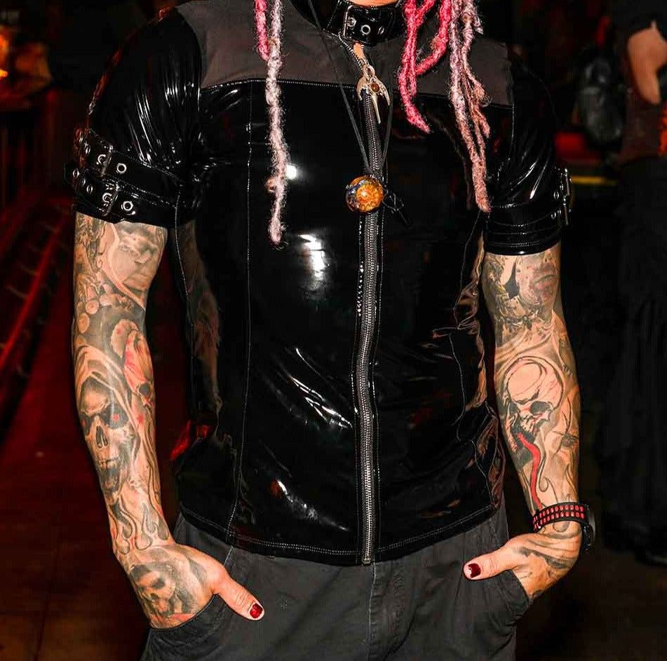 Men's Short Sleeve Vinyl PVC and Mesh Buckle Shirt [M38-006]