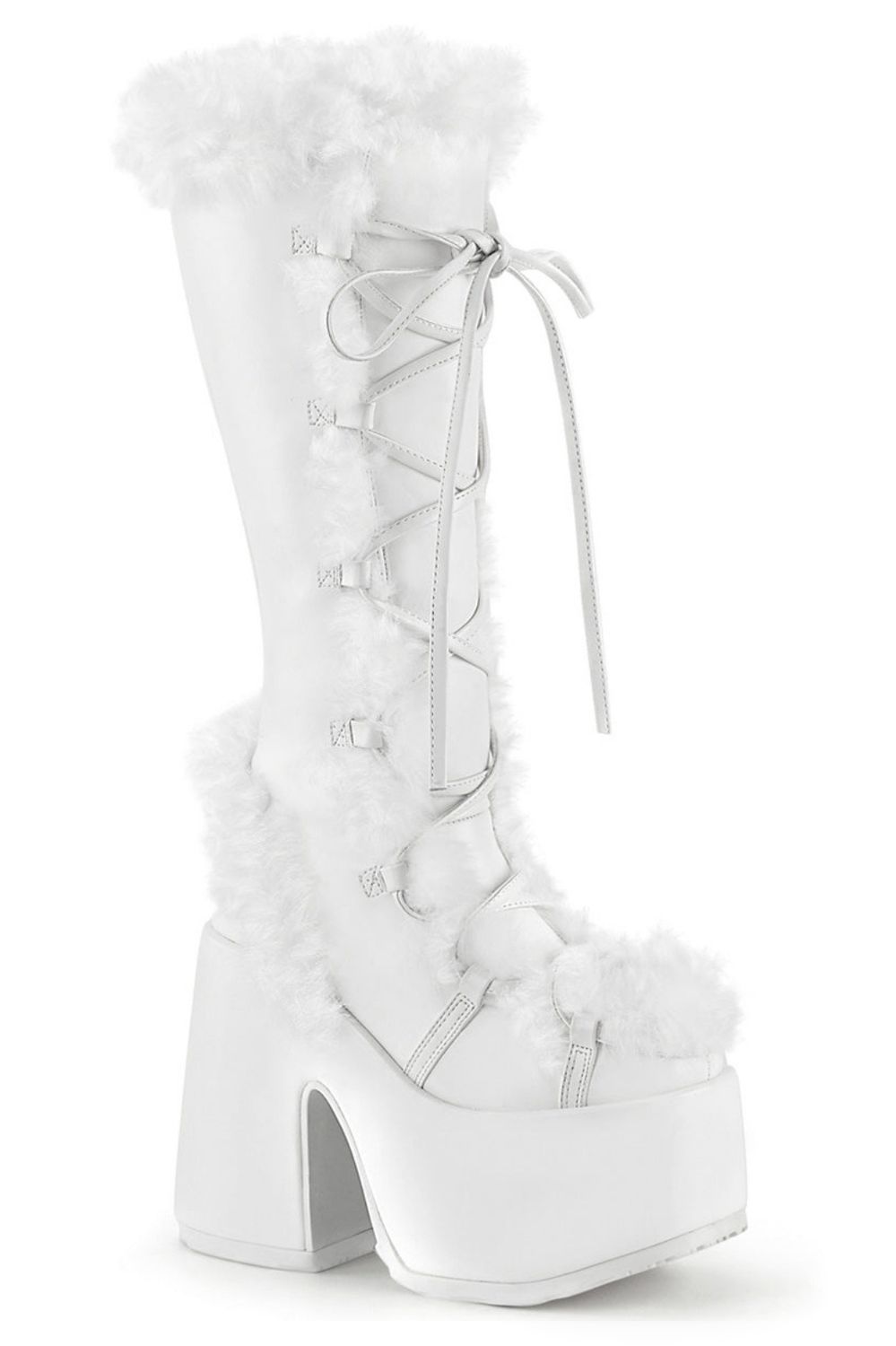 Fluffy Knee-high Heeled Platform Boots CAM-311/W/PU [WHITE]