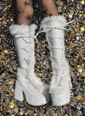 Fluffy Knee-high Heeled Platform Boots CAM-311/W/PU [WHITE]