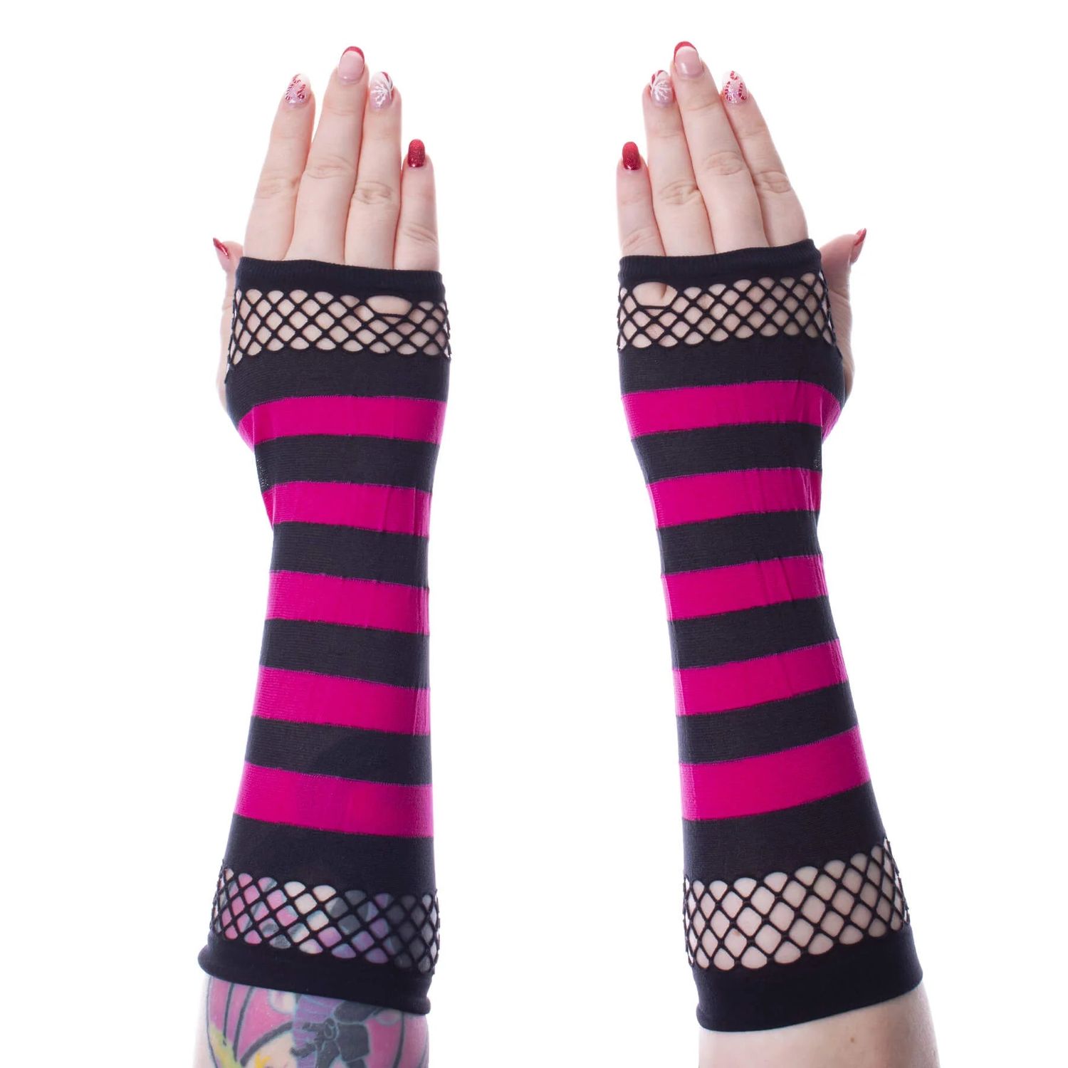 Arm Warmers Striped Mesh [BLACK/PINK]