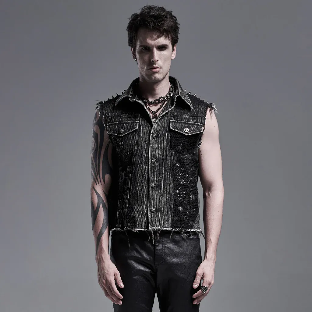 Grey Punk Distressed Sleeveless Men's Vest - WY-1272