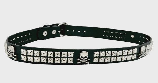 2 Row Silver Studded Leather Belt with Silver Skulls - BT642