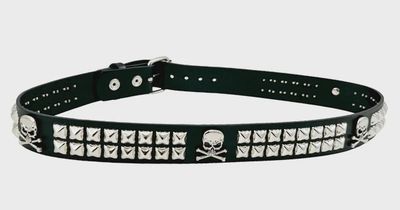 2 Row Silver Studded Leather Belt with Silver Skulls - BT642