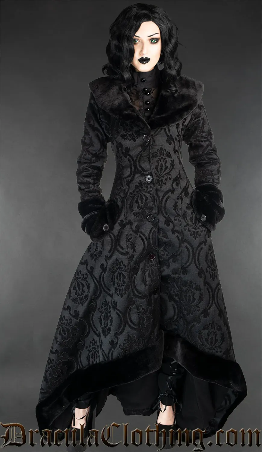 Black Victorian Jacquard Print Pocket Coat