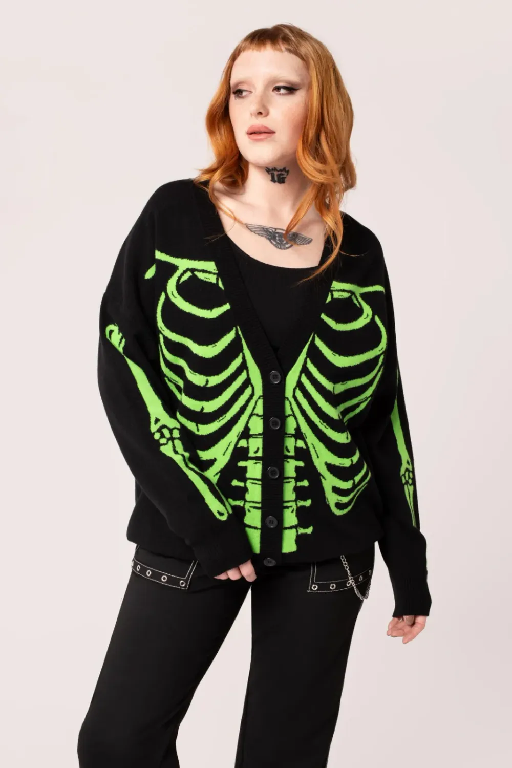 Green Skeleton Oversized Knit Cardigan