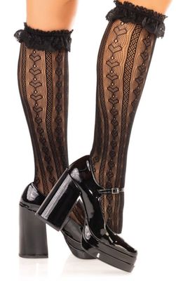 Sweetheart Knit Knee Highs Socks w/ Lace Ruffle Cuff / LA3984BK