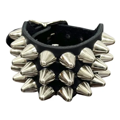 3 Row Silver Conehead Studded Leather Bracelet - BC170UK77
