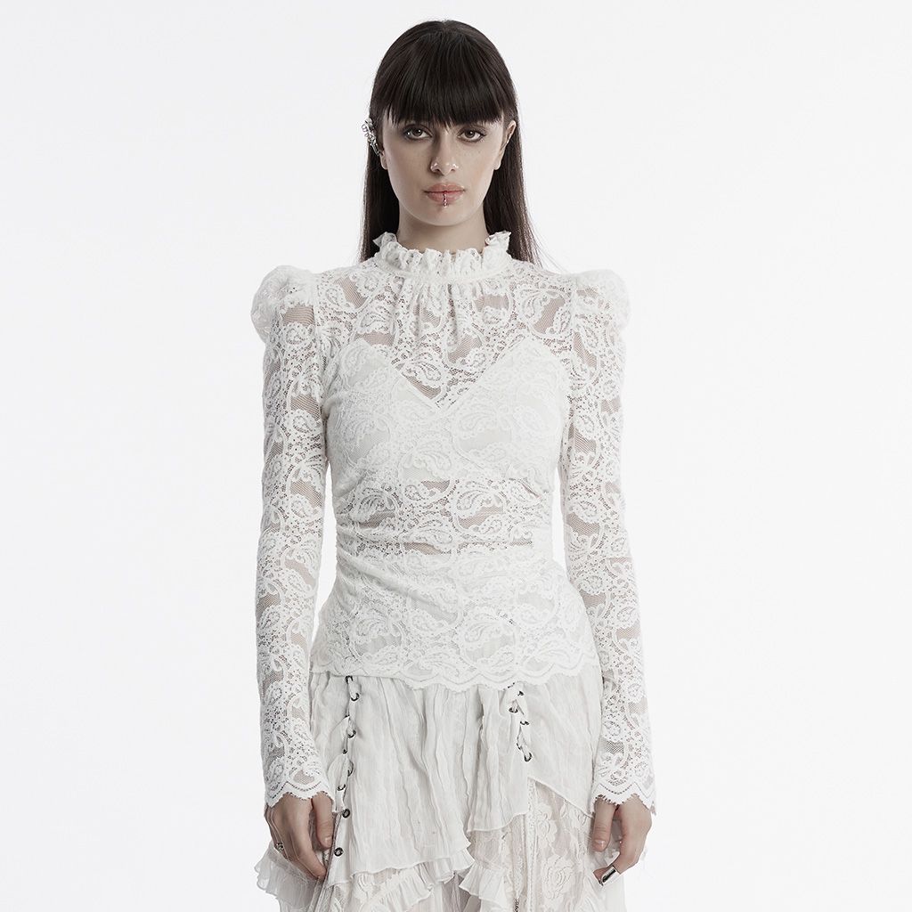 White Victorian Gothic Lace High Collared Top - OT-963